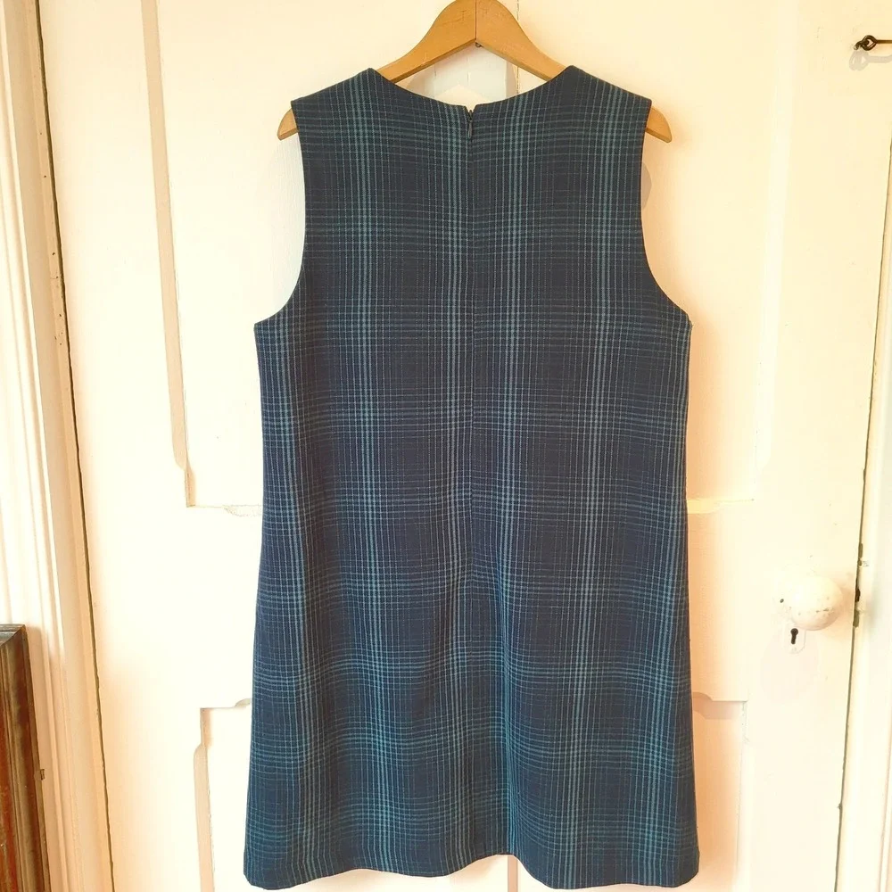 TWIK Plaid Pinafore Dress Navy Blue Teal Academia Layering Jumper Dress Small - Picture 5 of 14